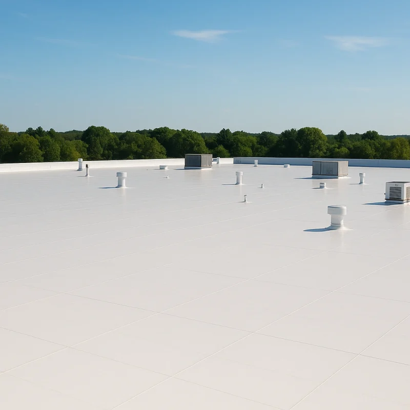 Aerial view of a high-quality commercial flat roof with white TPO membrane in Connecticut
