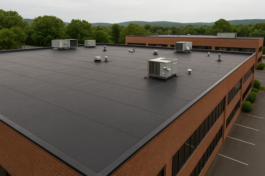 Commercial flat EPDM rubber roof on a brick office building in Connecticut with HVAC units