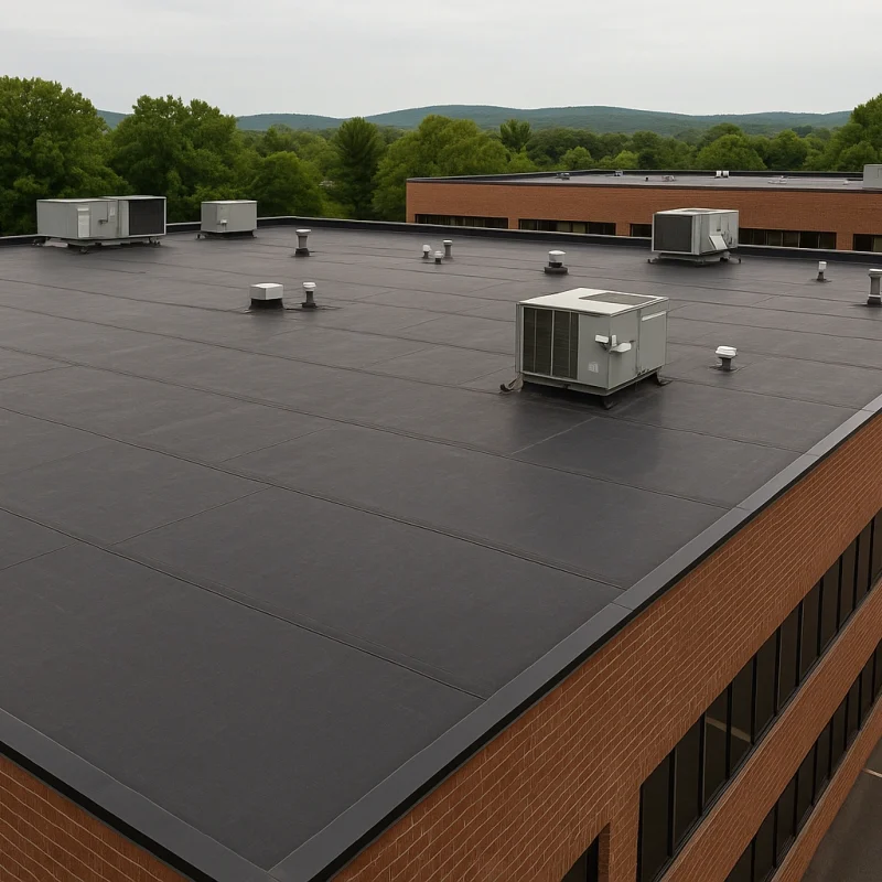 Commercial flat EPDM rubber roof on a brick office building in Connecticut with HVAC units