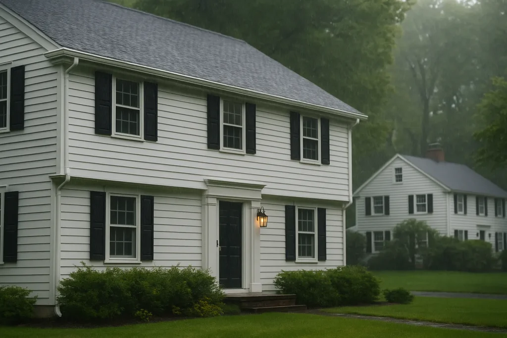 Seamless gutter system on a colonial home in New Haven County during light rain