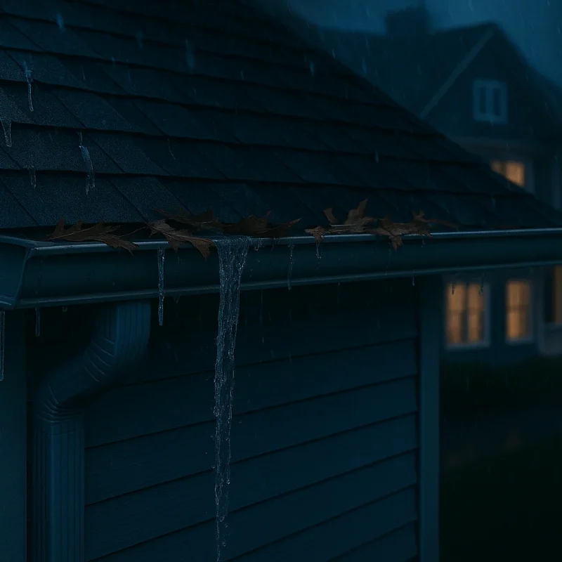 Luxury Connecticut home during heavy rainstorm with full seamless gutters and overflowing water