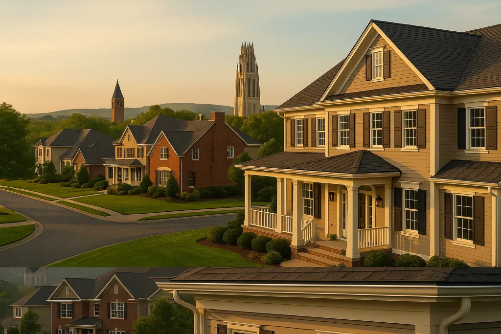 Luxury neighborhood in New Haven County CT with Yale skyline and seamless gutters