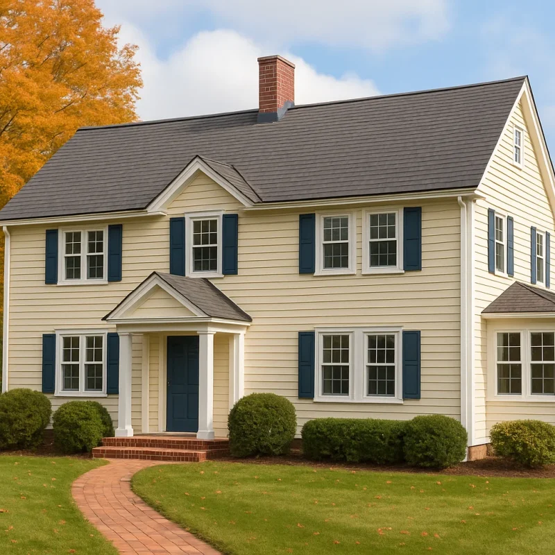 Classic colonial home in Connecticut with dark asphalt shingle roof and autumn trees