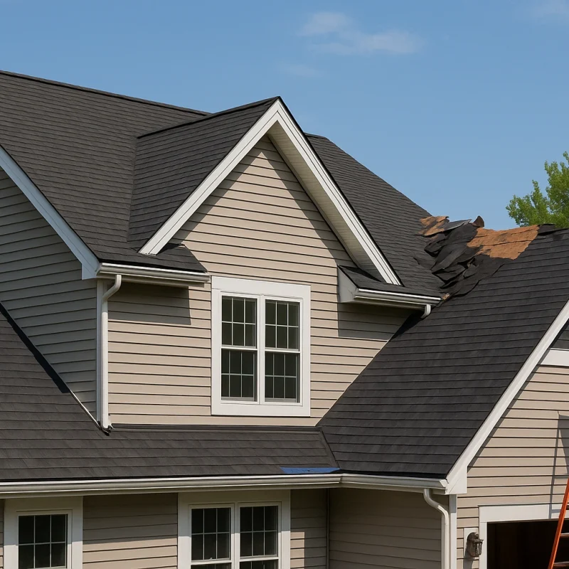 A newly installed dark asphalt shingle roof on a beige Connecticut home under a clear blue sky, representing professional roof replacement services by Ellis Builders LLC.