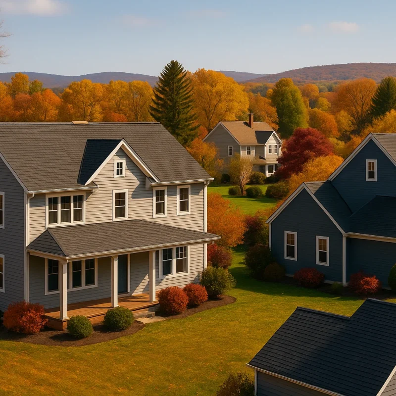 Scenic autumn view of Southbury Connecticut homes with new roofs and colorful fall foliage, symbolizing Ellis Builders LLC’s craftsmanship.