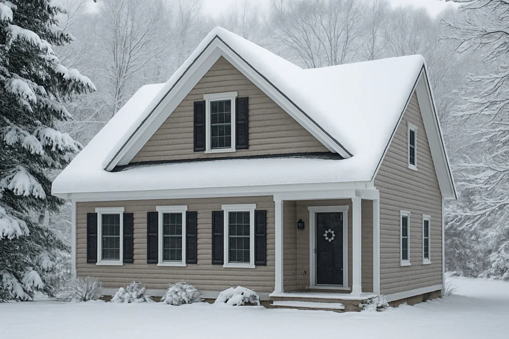 New England house with snow‑covered gable roof in winter