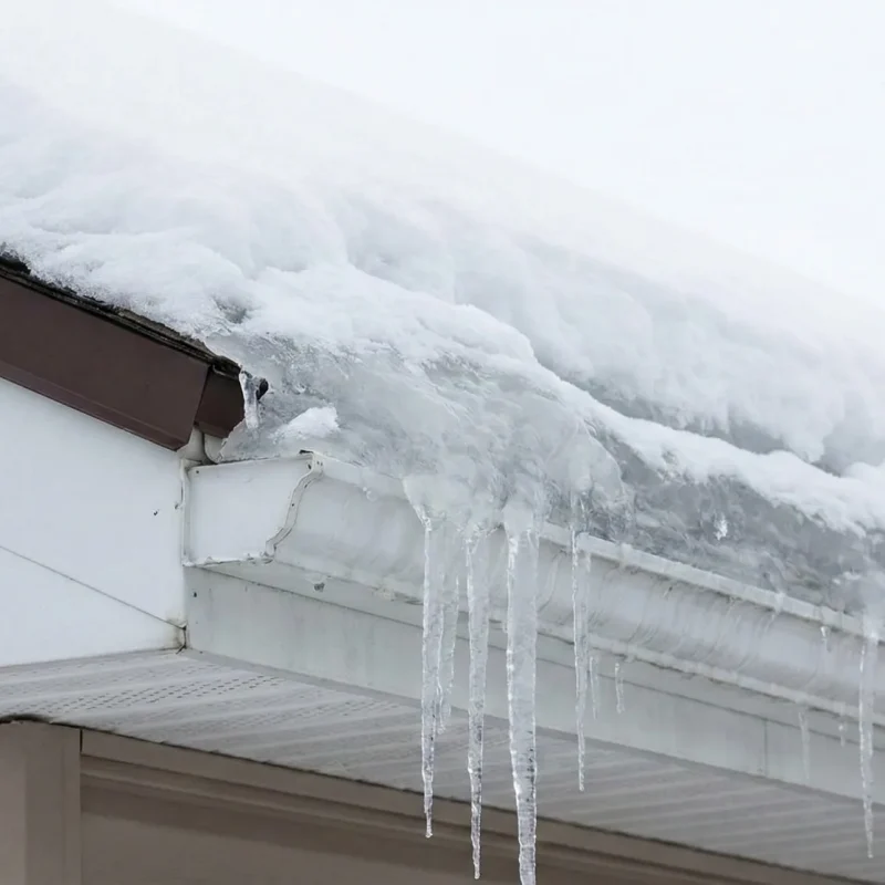 Ice dams forming on a Hartford Connecticut roof causing gutter and edge damage during winter
