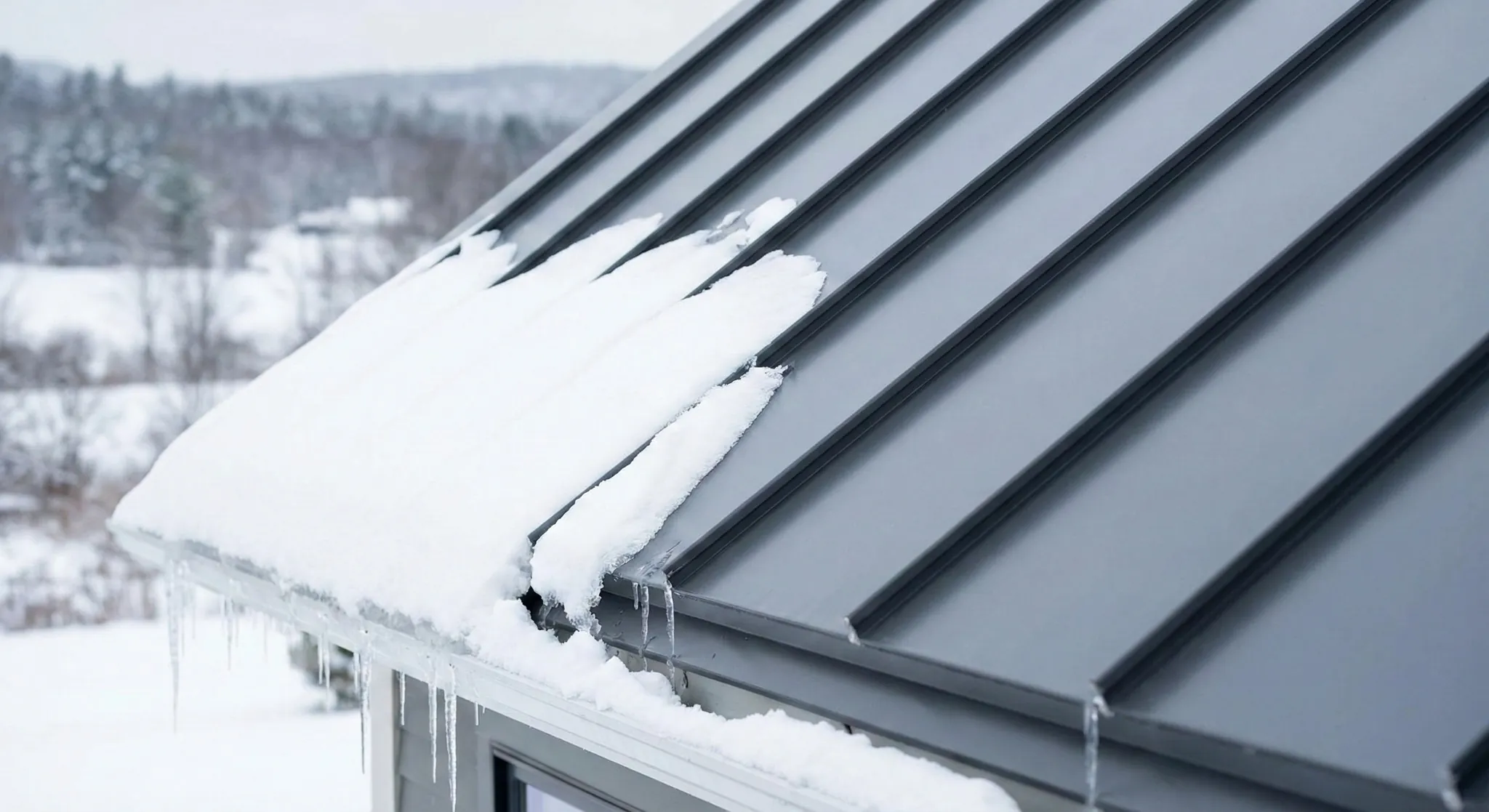 Standing-seam metal roof during Connecticut winter with snow gathering at the eave