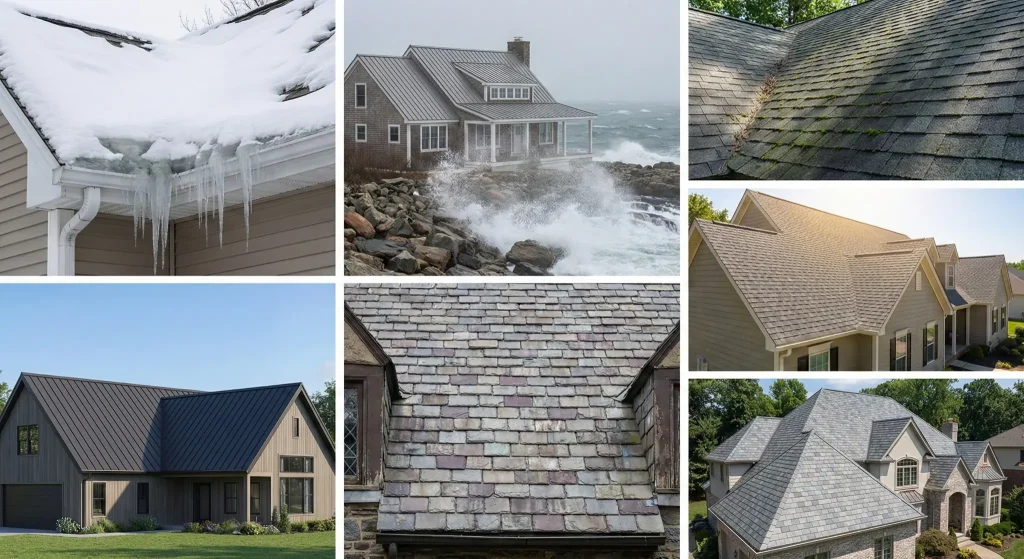 Examples of Connecticut roof damage including ice dams, coastal storm exposure, moss growth, snow load and wind-resistant roofing systems