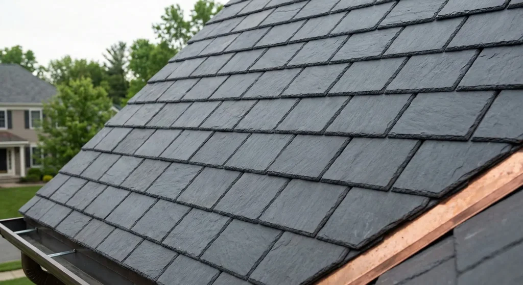 Synthetic slate roofing installed on a Connecticut home showing durable composite shingles designed for high wind and freeze-thaw resistance