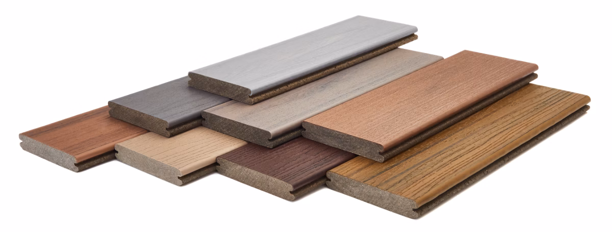 Trex composite decking board samples in multiple colors