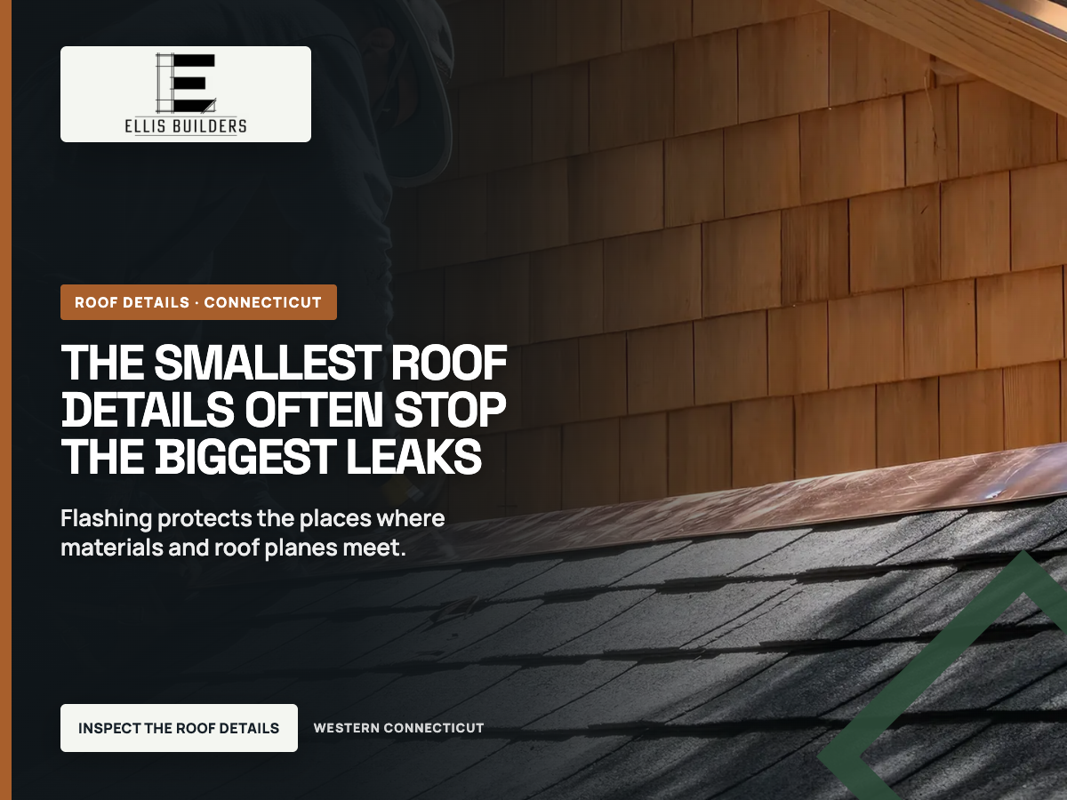 Ellis Builders craftsperson installing copper flashing on a shingle roof.
