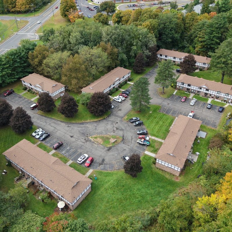 Aerial view of a six-building Connecticut roofing project completed by Ellis Builders